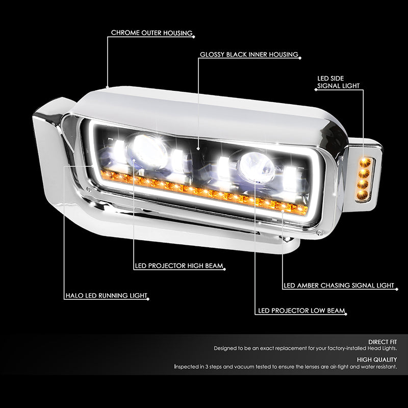 LED DRL Halo Sequential Projector Headlights<br>81-88 Peterbilt 359, 87-07 379, 08-21 389