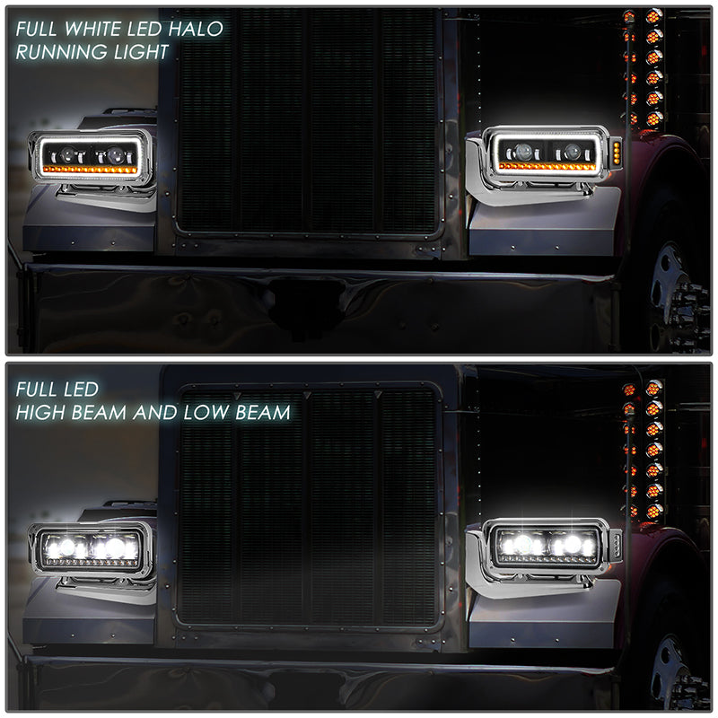 LED DRL Halo Sequential Projector Headlights<br>81-88 Peterbilt 359, 87-07 379, 08-21 389