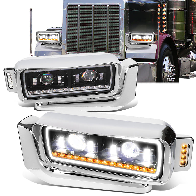 LED DRL Halo Sequential Projector Headlights<br>81-88 Peterbilt 359, 87-07 379, 08-21 389