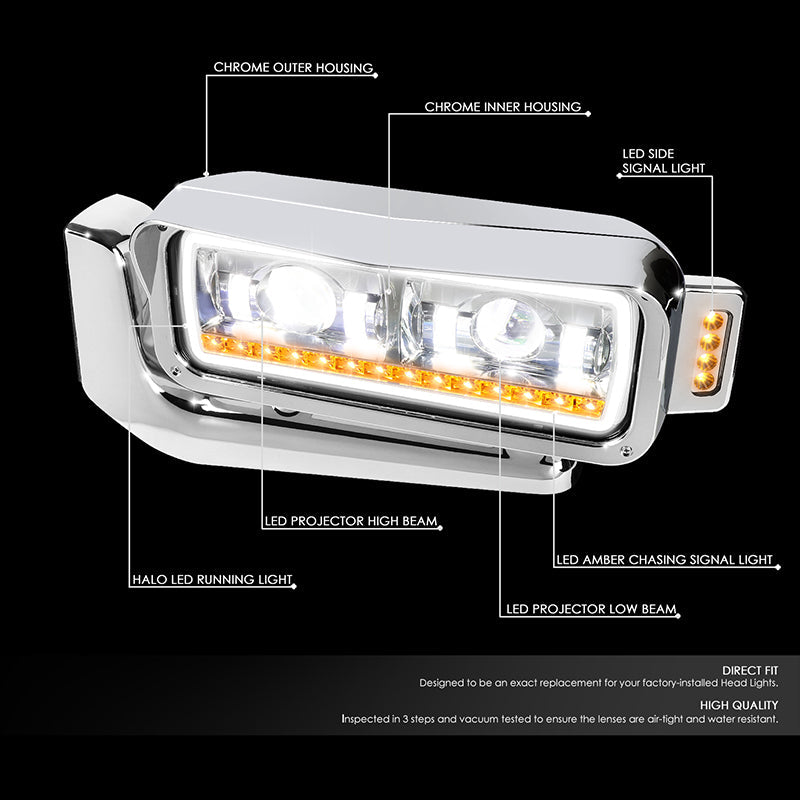 LED DRL Halo Sequential Projector Headlights<br>81-88 Peterbilt 359, 87-07 379, 08-21 389