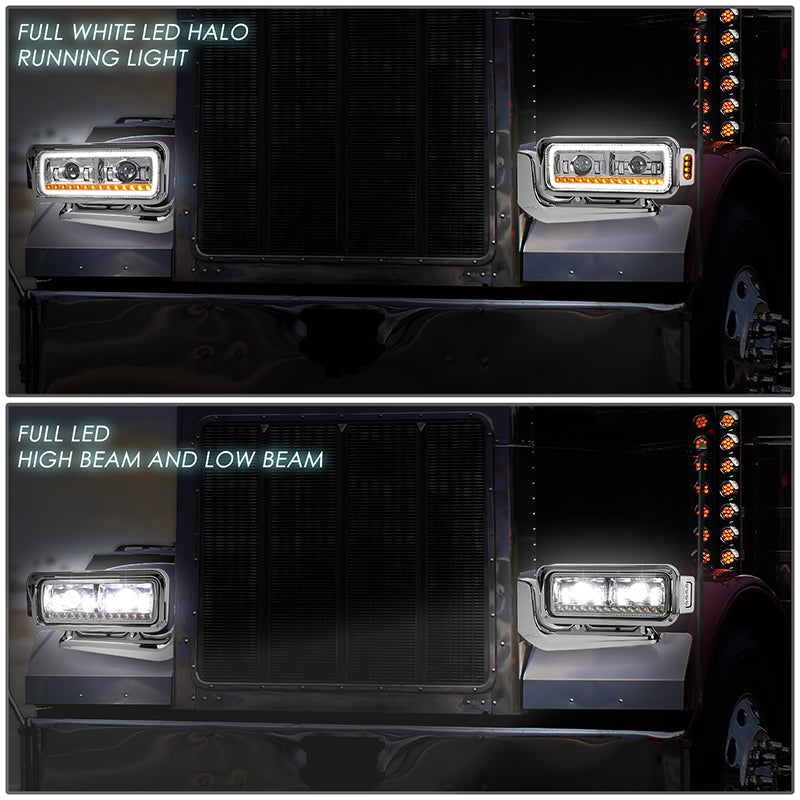 LED DRL Halo Sequential Projector Headlights<br>81-88 Peterbilt 359, 87-07 379, 08-21 389