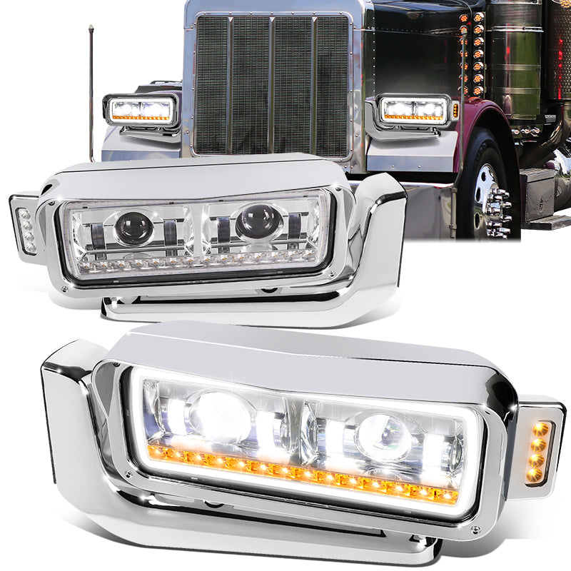 LED DRL Halo Sequential Projector Headlights<br>81-88 Peterbilt 359, 87-07 379, 08-21 389