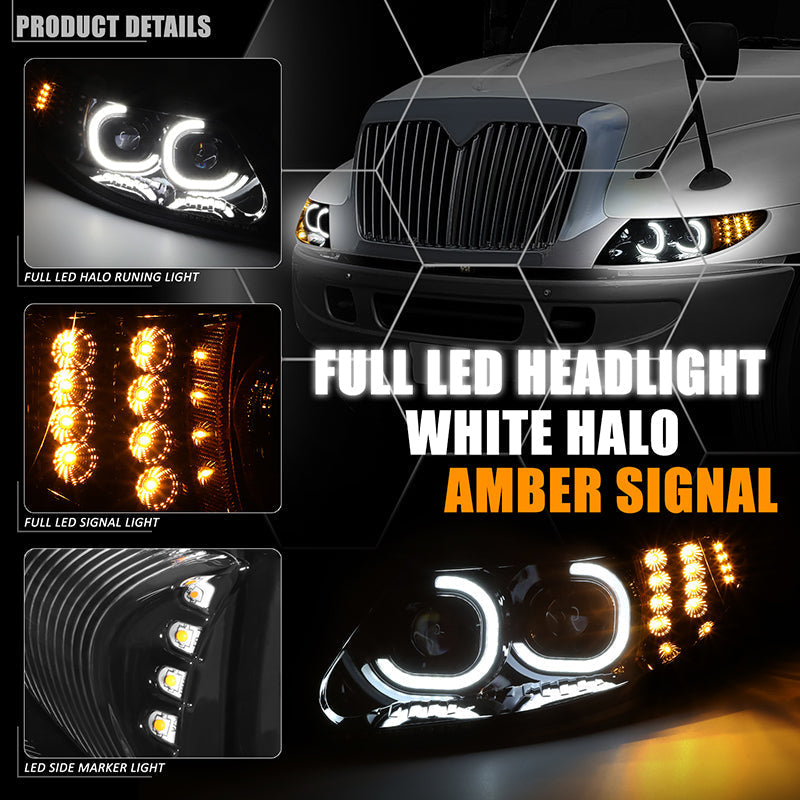 LED DRL Halo Projector Headlights <br>02-16 International 4300-4400Lp