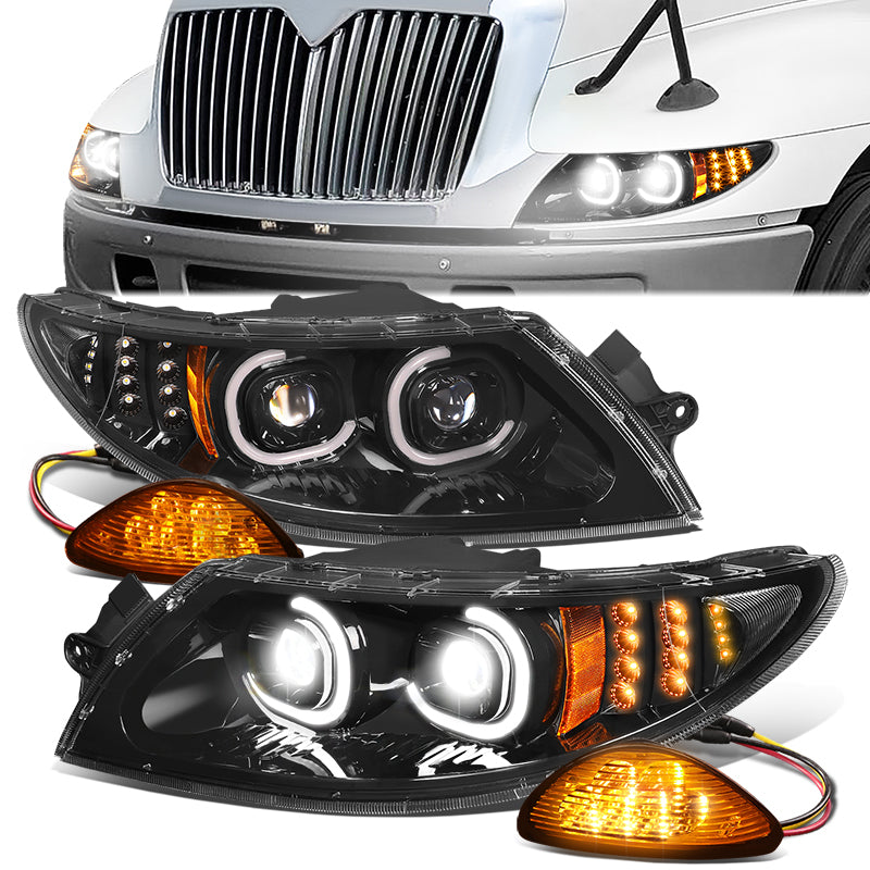 LED DRL Halo Projector Headlights <br>02-16 International 4300-4400Lp