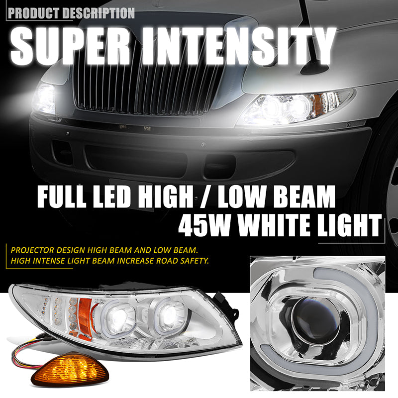 LED DRL Halo Projector Headlights (Chrome) <br>02-16 International 4300-4400Lp