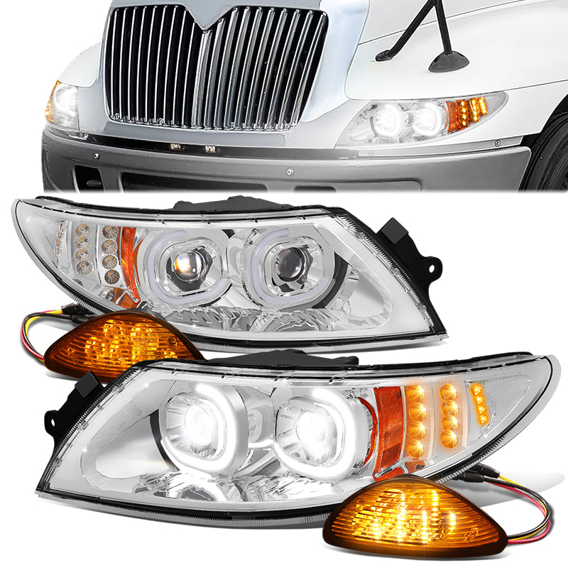 LED DRL Halo Projector Headlights (Chrome) <br>02-16 International 4300-4400Lp