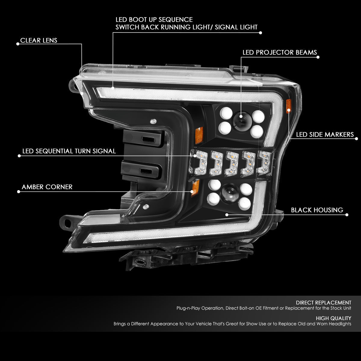 LED DRL Sequential Switchback Projector Headlights<br>18-20 Ford F-150