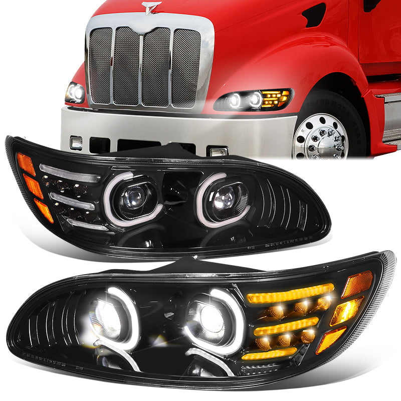 LED DRL Halo Projector Headlights<br>10-20 Peterbilt 337 348