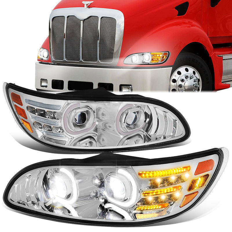 LED DRL Halo Projector Headlights<br>10-20 Peterbilt 337 348