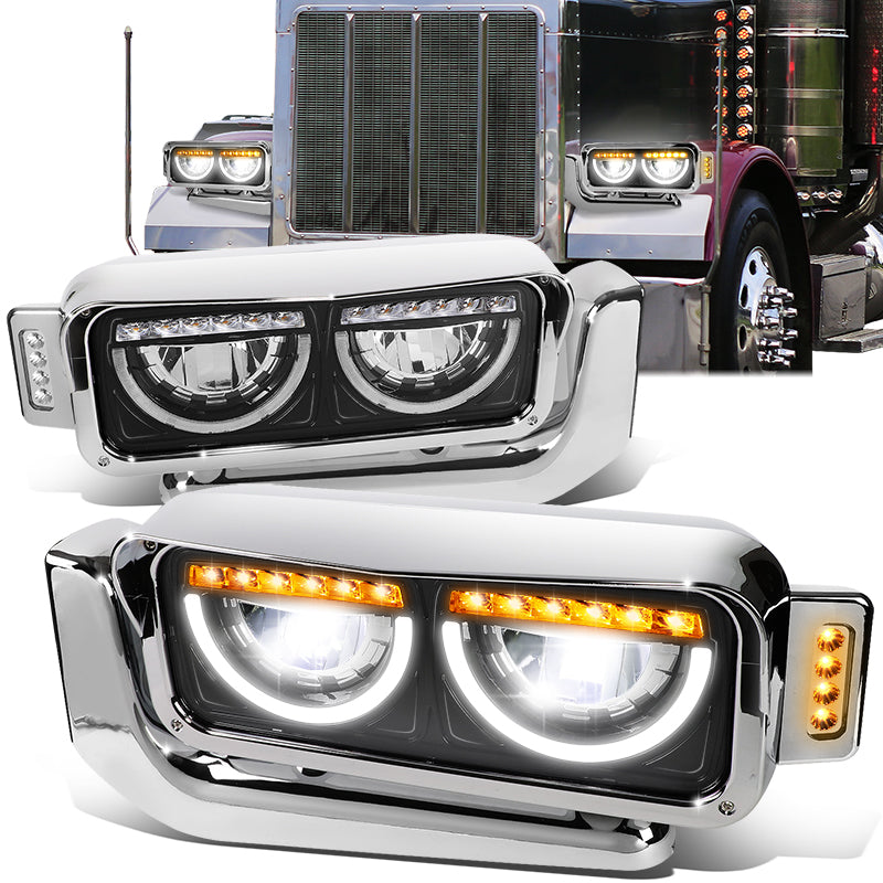 LED DRL Halo Headlights<br>81-88 Peterbilt 359, 87-07 379, 08-21 389