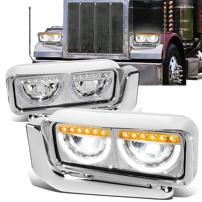 LED DRL Halo Headlights<br>81-88 Peterbilt 359, 87-07 379, 08-21 389