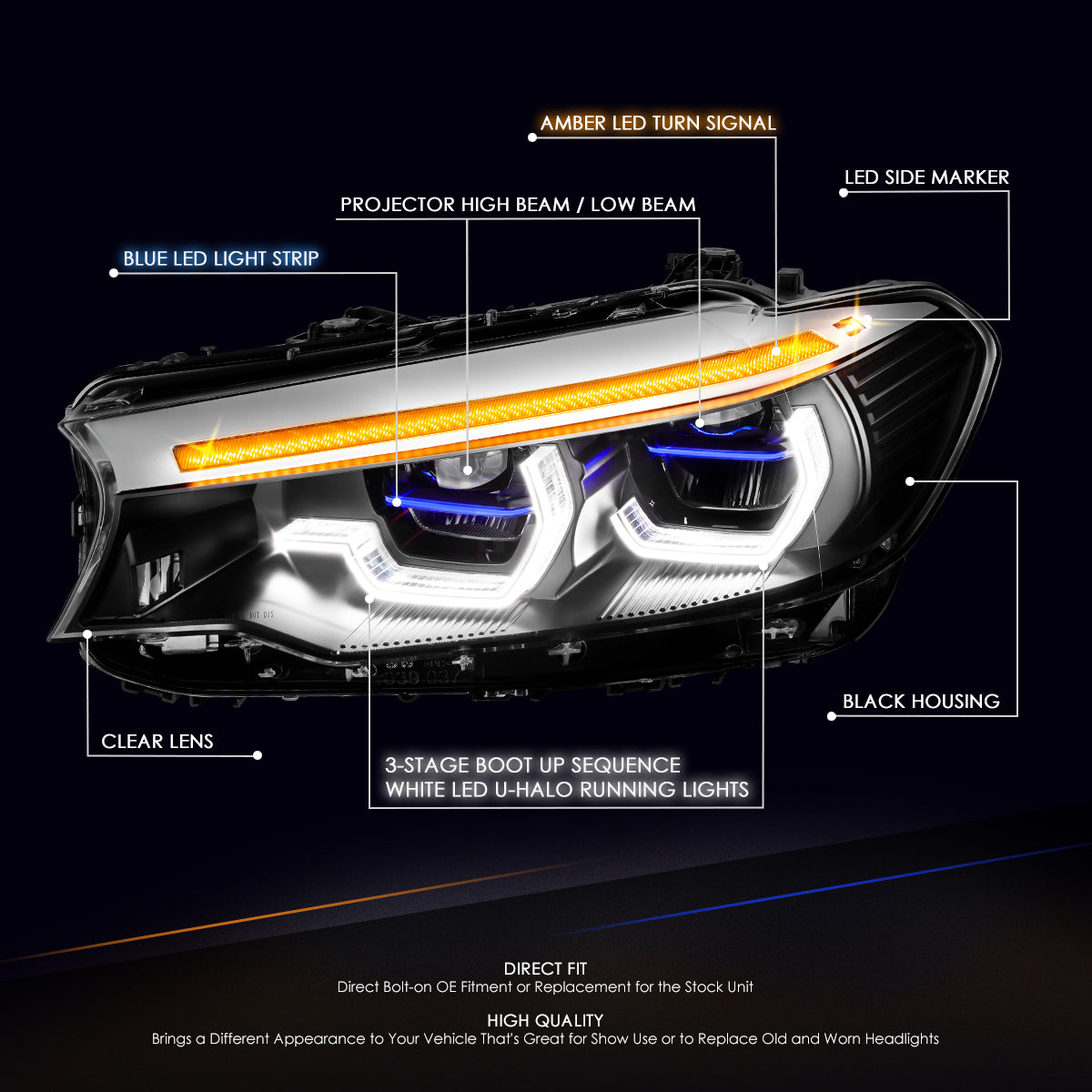 LED DRL Halo Sequential Headlights<br>17-20 BMW 530i 540i / xDrive