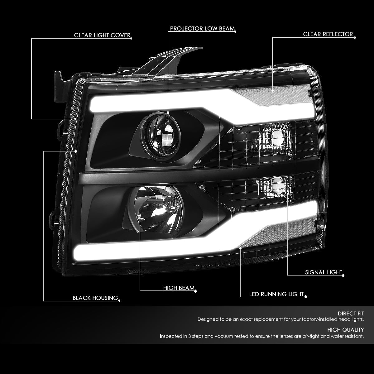 LED DRL Projector Headlights<br>07-13 Chevy Silverado 1500-3500/ HD