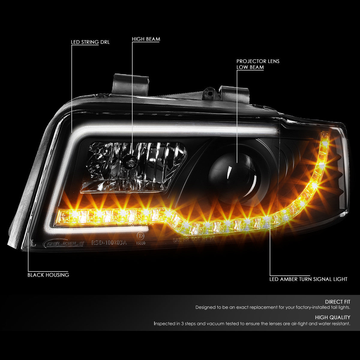 LED DRL Projector Headlights<br>02-05 Audi A4 B6, 04-05 S4 B6 Quattro