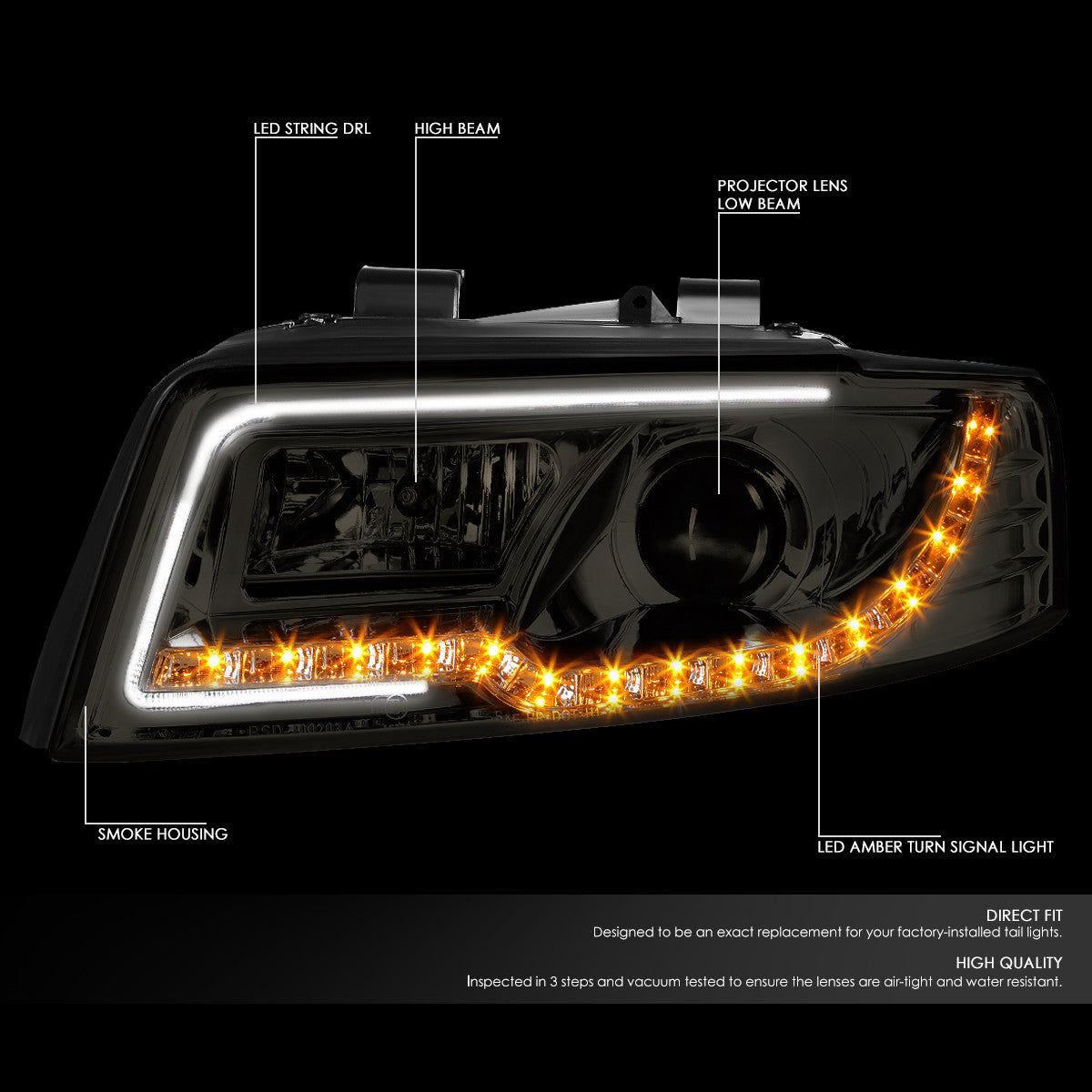 LED DRL Projector Headlights<br>02-05 Audi A4 B6, 04-05 S4 B6 Quattro