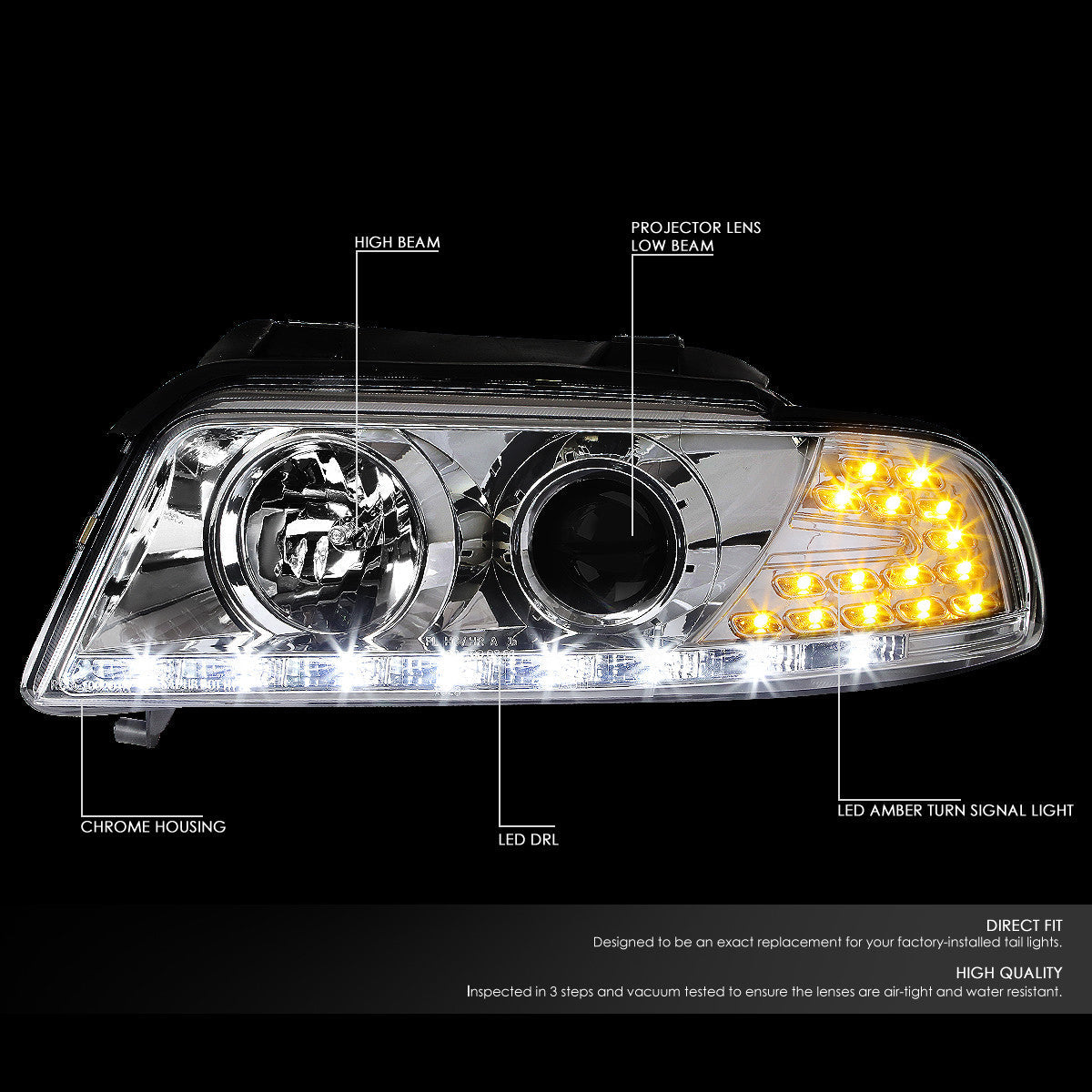 LED DRL Projector Headlights<br>96-01 Audi A4 Quattro