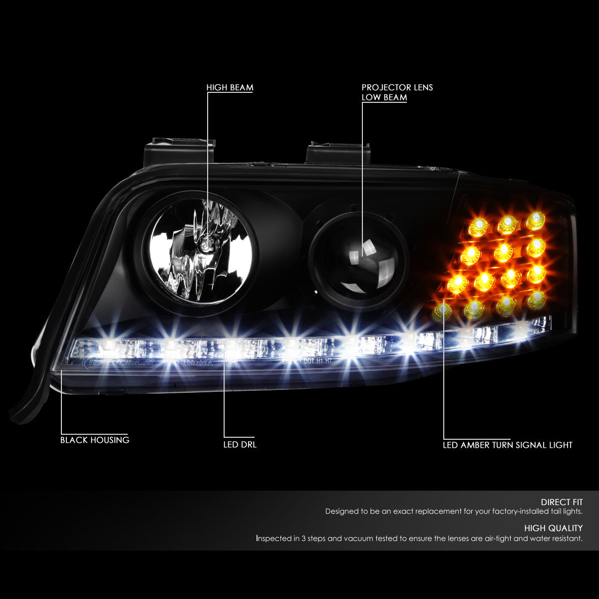 LED DRL Projector Headlights<br>02-04 Audi A6 Quattro