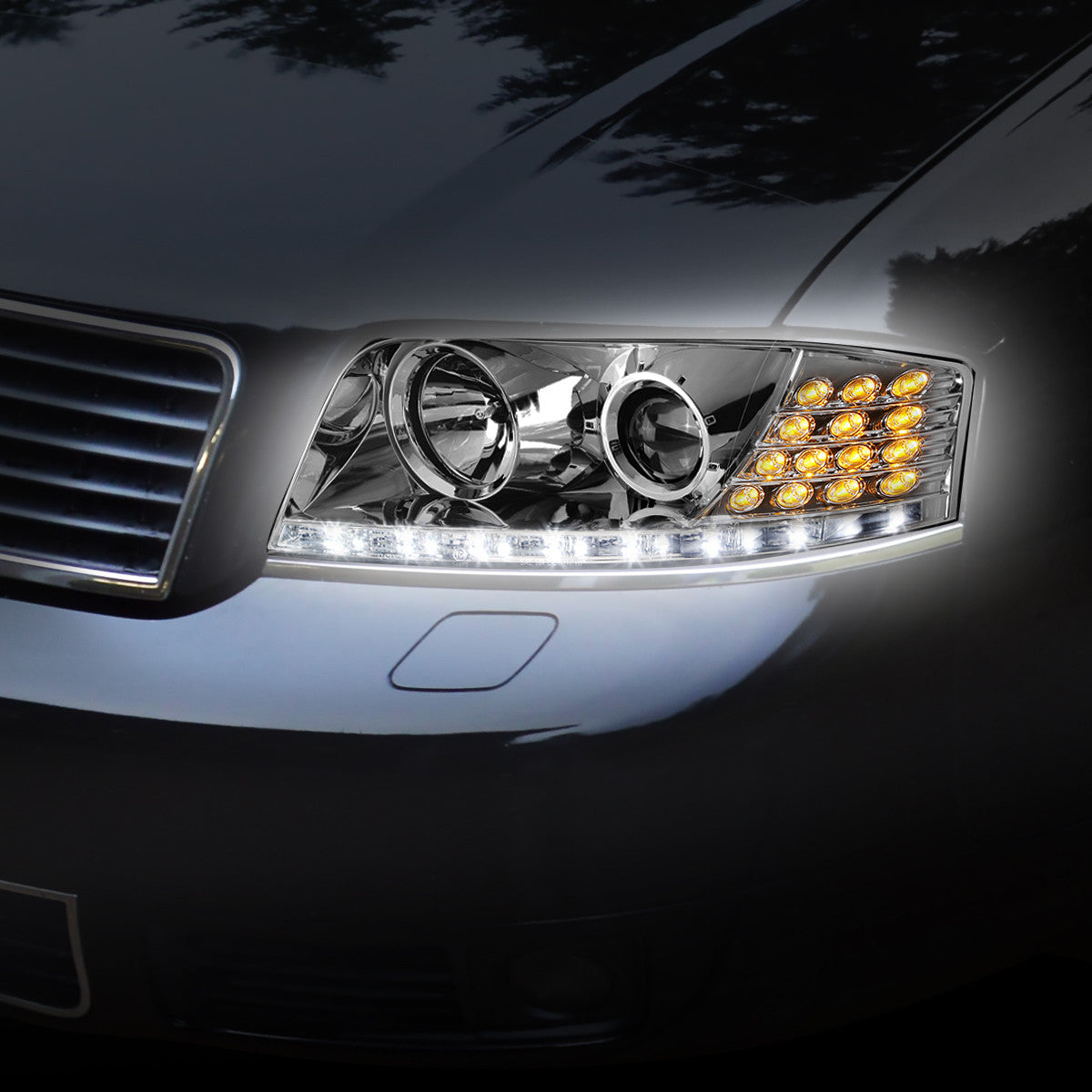 LED DRL Projector Headlights<br>02-04 Audi A6 Quattro