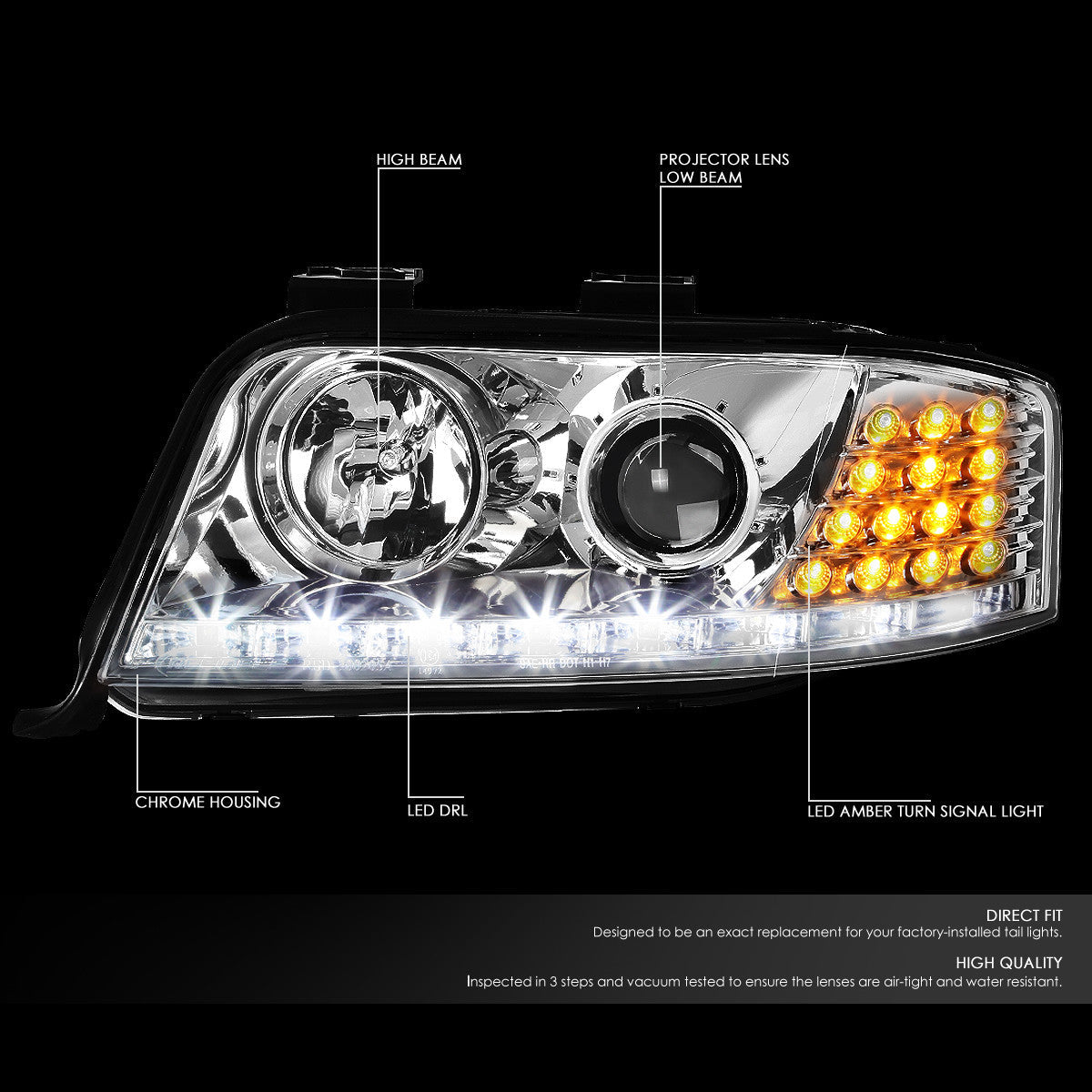 LED DRL Projector Headlights<br>02-04 Audi A6 Quattro