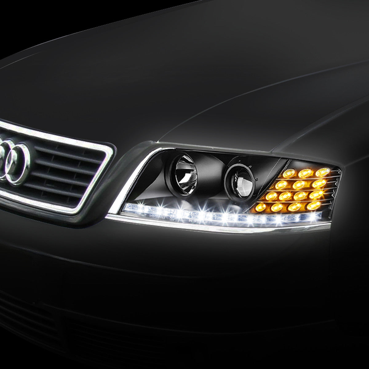 LED DRL Projector Headlights<br>98-01 Audi A6 Quattro