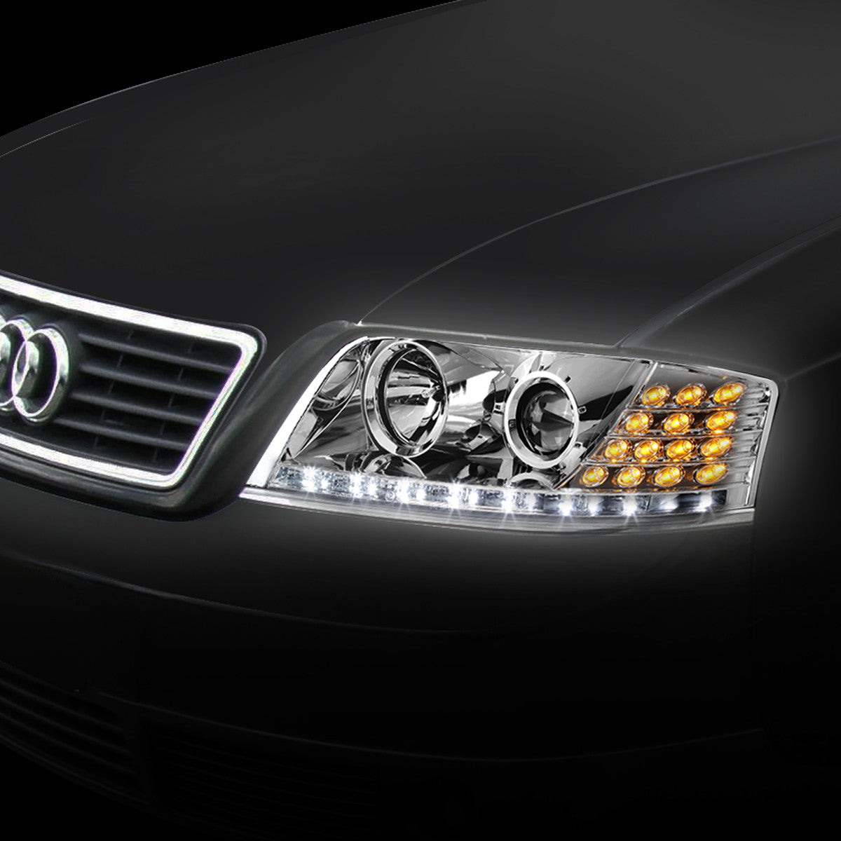 LED DRL Projector Headlights<br>98-01 Audi A6 Quattro