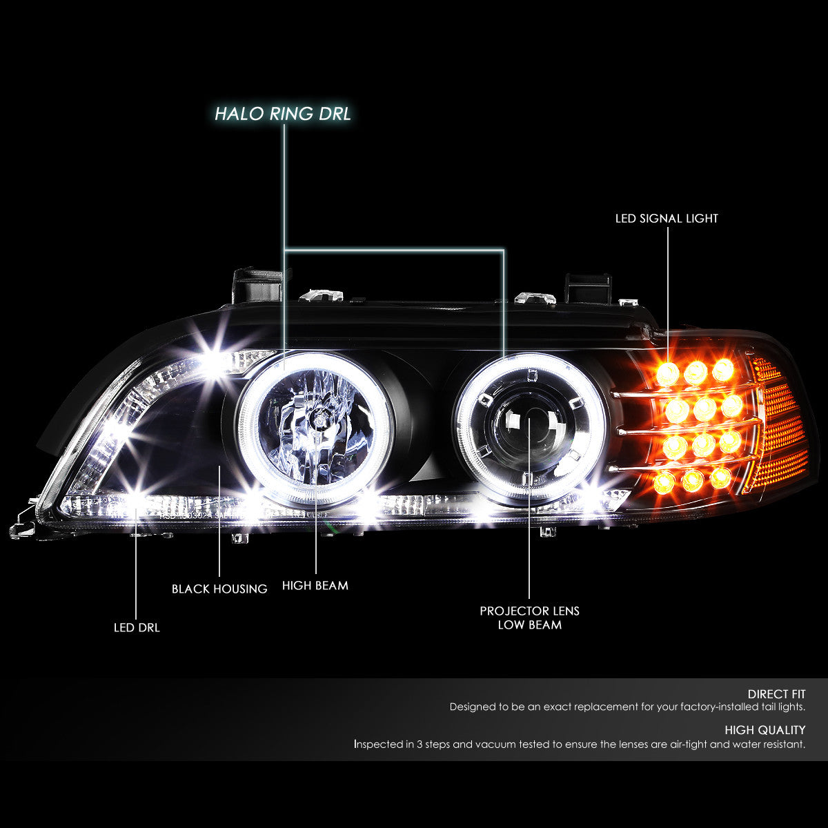 LED DRL Halo Projector Headlights<br>01-03 BMW 530i 525i