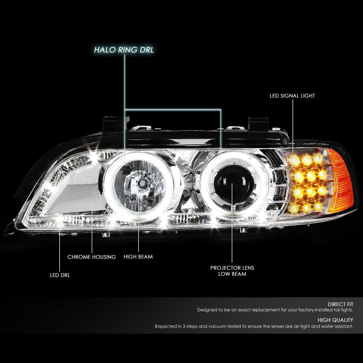 LED DRL Halo Projector Headlights<br>01-03 BMW 530i 525i