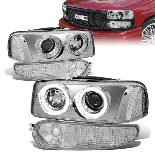 LED DRL Halo Projector Headlights<br>02-06 GMC Sierra/ Yukon XL 1500 Denali