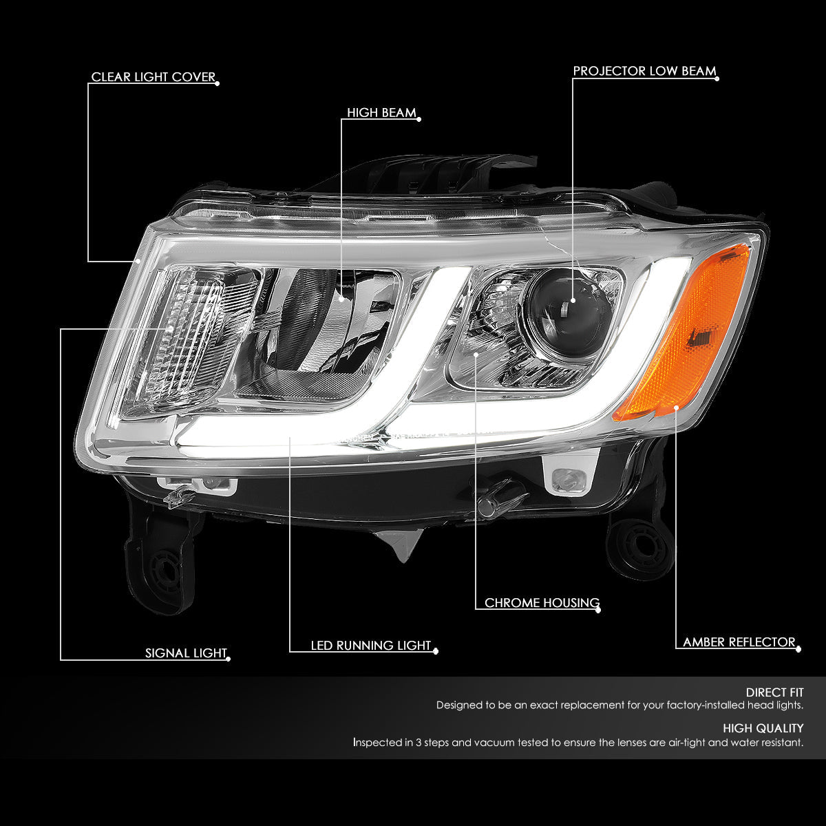 LED DRL Projector Headlights<br>14-16 Jeep Grand Cherokee Pre Facelift