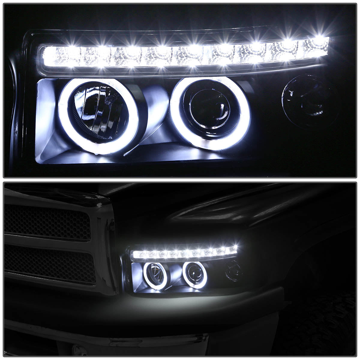 LED DRL Halo Projector Headlights<br>94-01 Dodge Ram 1500-3500