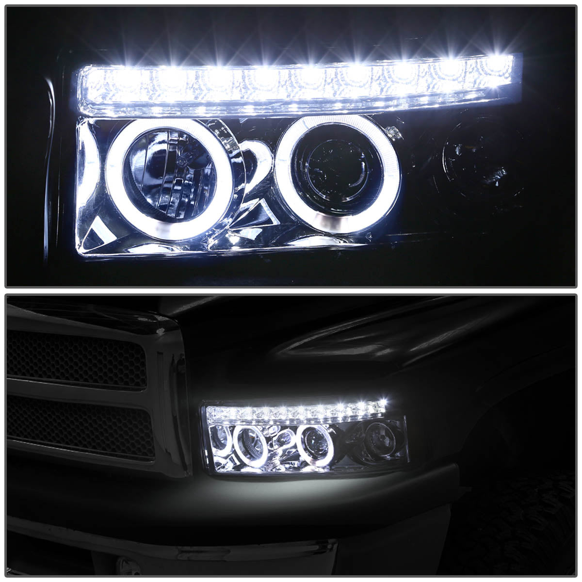 LED DRL Halo Projector Headlights<br>94-01 Dodge Ram 1500-3500