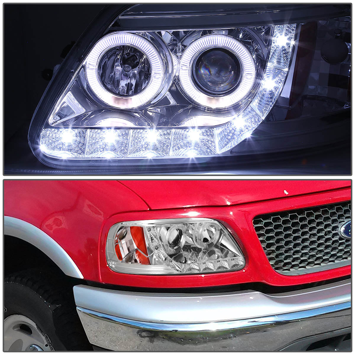 LED DRL Halo Projector Headlights<br>97-03 Ford F-150, 97-99 Ford F-250