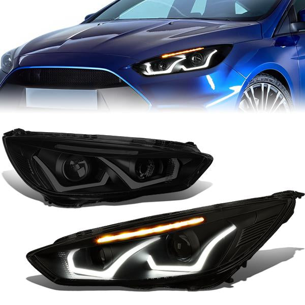 LED DRL Halo Projector Headlights<br>15-18 Ford Focus