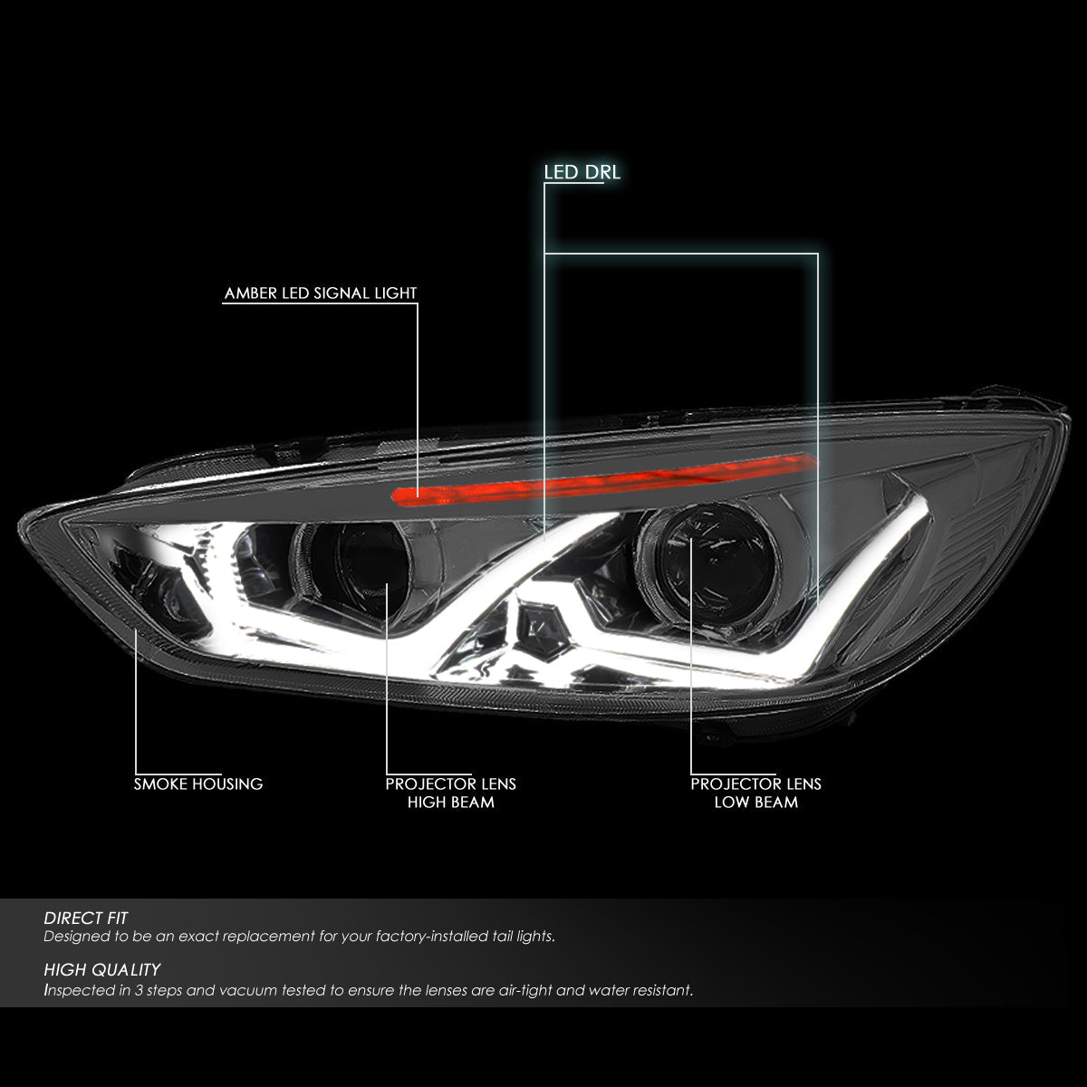 LED DRL Halo Projector Headlights<br>15-17 Ford Focus