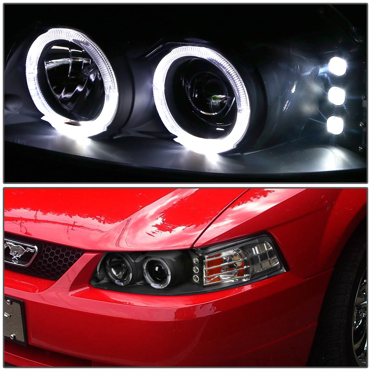 LED DRL Halo Projector Headlights<br>99-04 Ford Mustang