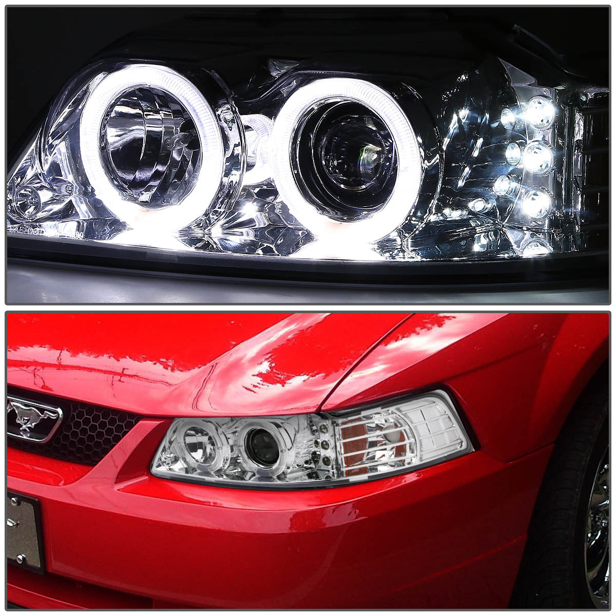 LED DRL Halo Projector Headlights<br>99-04 Ford Mustang