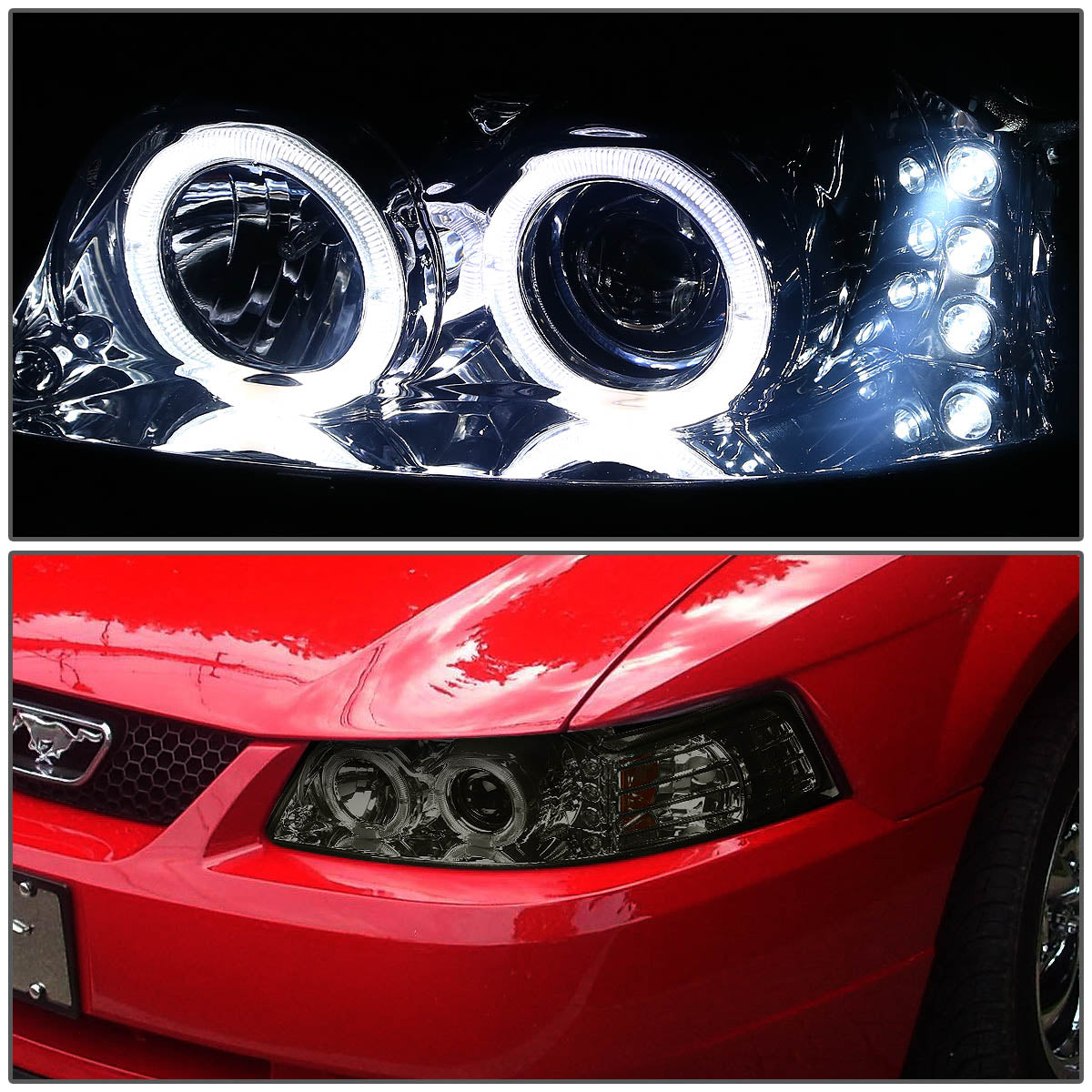 LED DRL Halo Projector Headlights<br>99-04 Ford Mustang