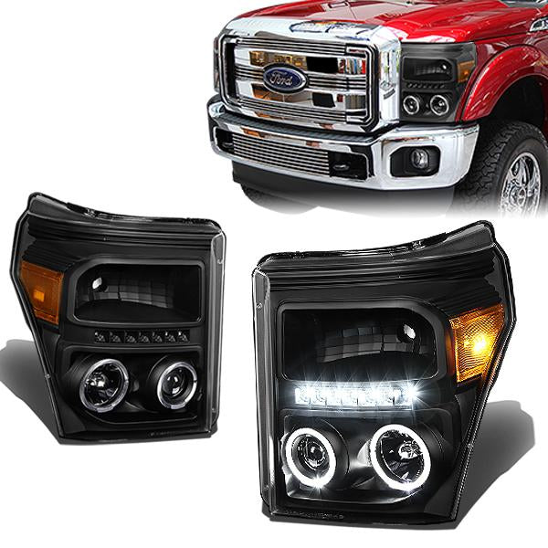 LED DRL Halo Projector Headlights<br>11-15 Ford F-250 F-350 F-450 F-550 Super Duty