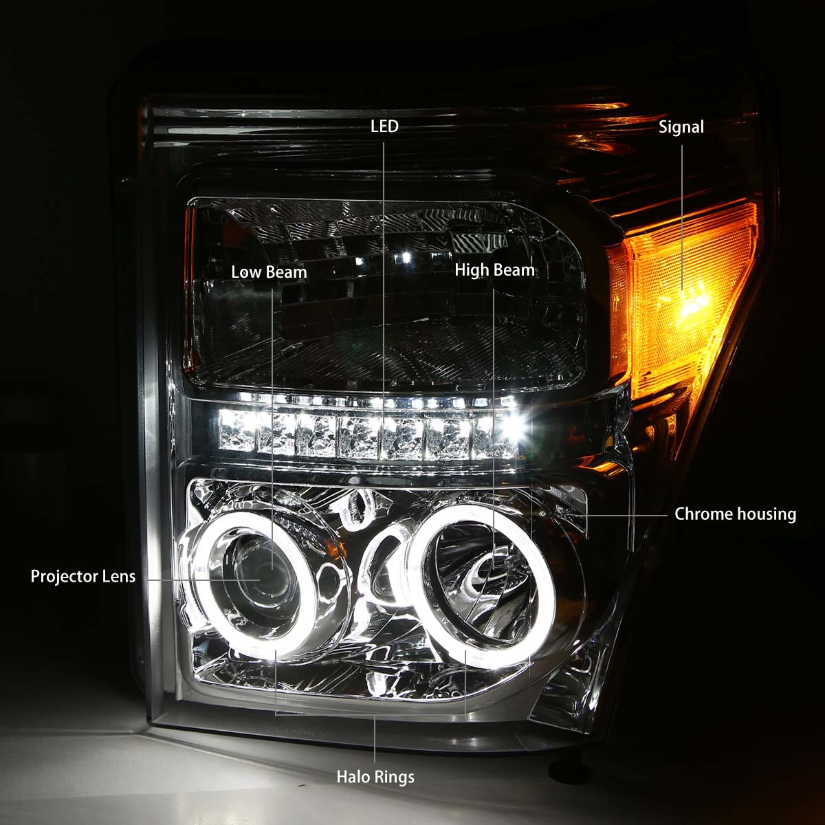 LED DRL Halo Projector Headlights<br>11-15 Ford F-250 F-350 F-450 F-550 Super Duty