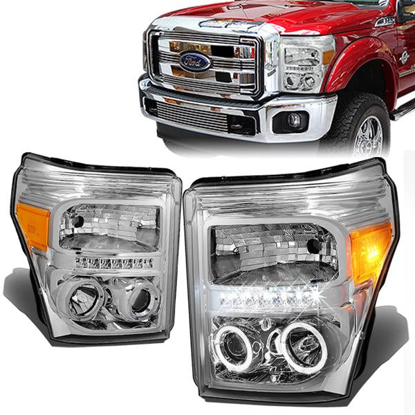 LED DRL Halo Projector Headlights<br>11-15 Ford F-250 F-350 F-450 F-550 Super Duty