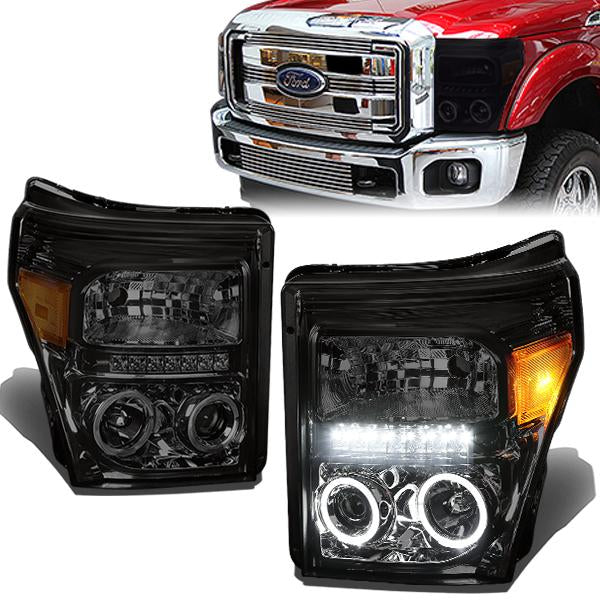 LED DRL Halo Projector Headlights<br>11-15 Ford F-250 F-350 F-450 F-550 Super Duty