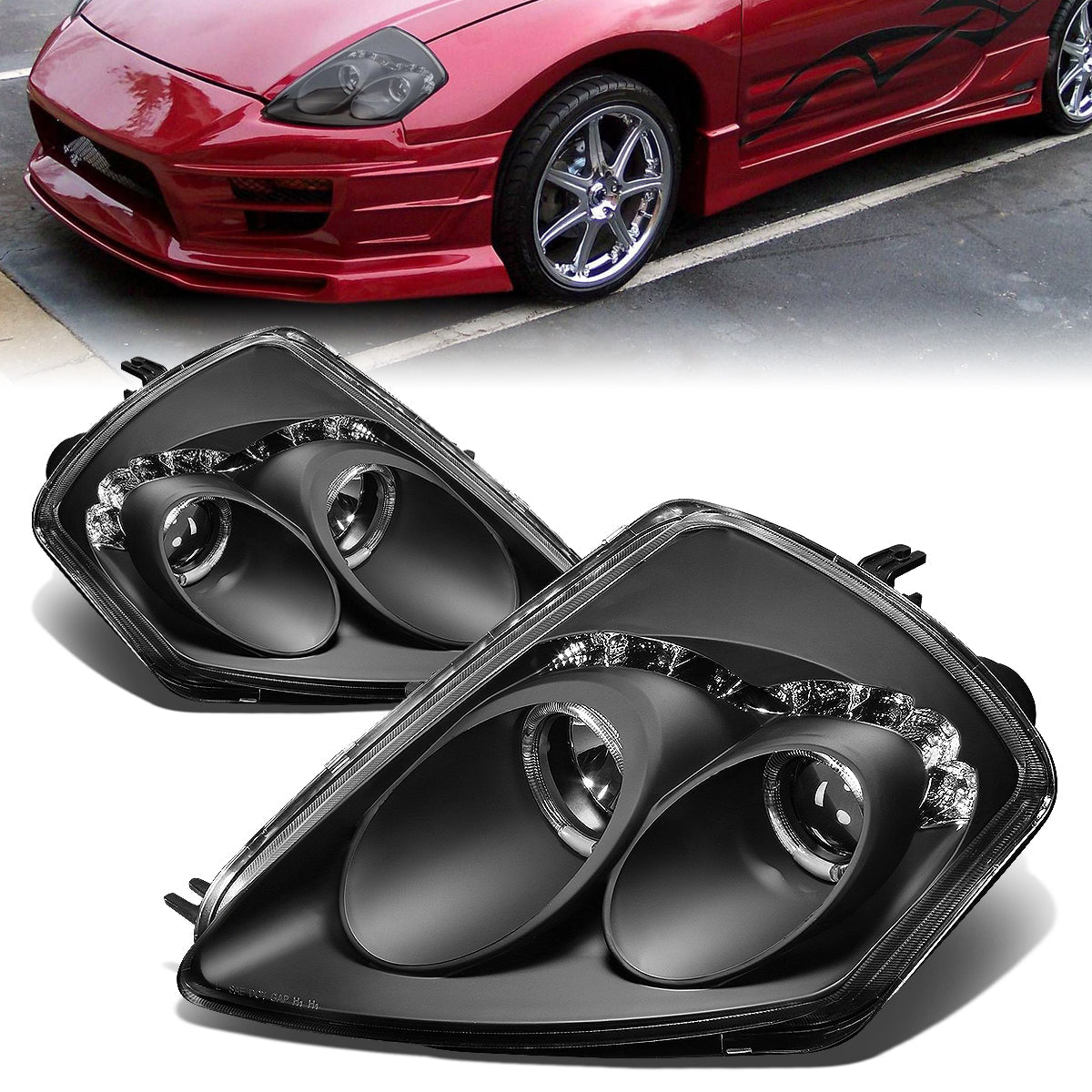 LED DRL Halo Projector Headlights<br>00-05 Mitsubishi Eclipse