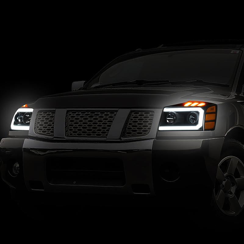 LED DRL Projector Headlights<br>04-15 Nissan Titan, 05-07 Armada