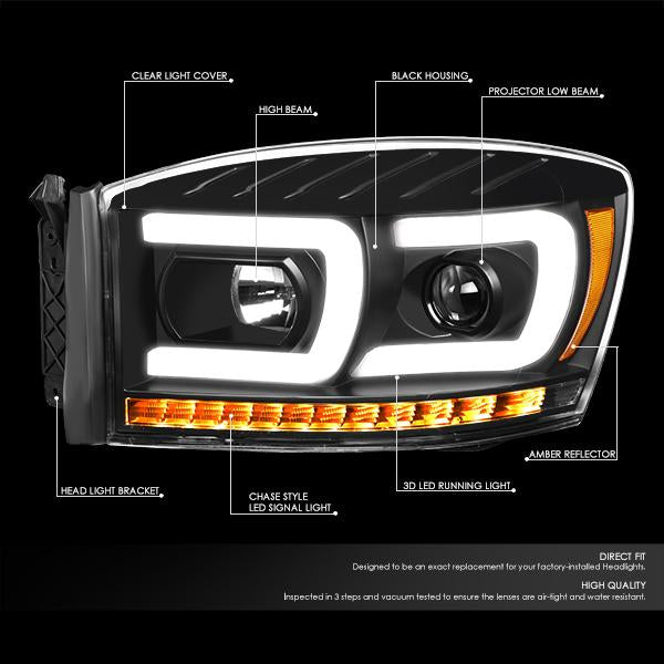 LED DRL Sequential Projector Headlights<br>06-08 Dodge Ram 1500 2500 3500