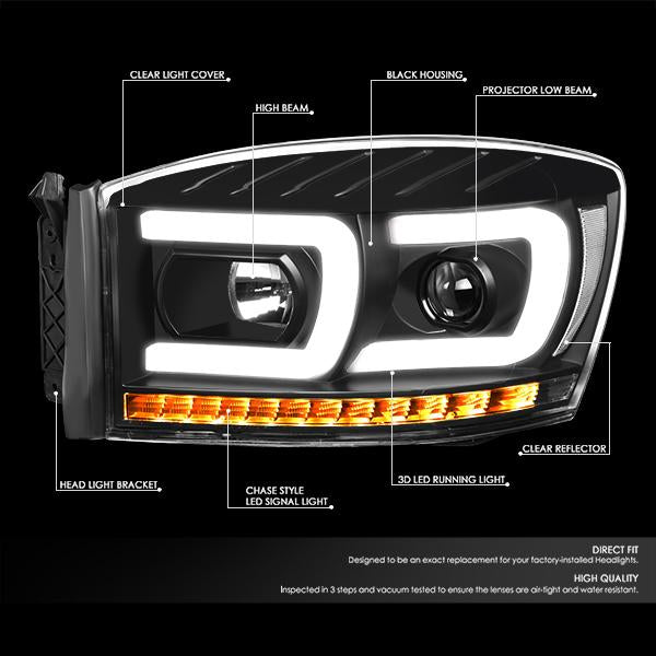 LED DRL Sequential Projector Headlights<br>06-08 Dodge Ram 1500 2500 3500