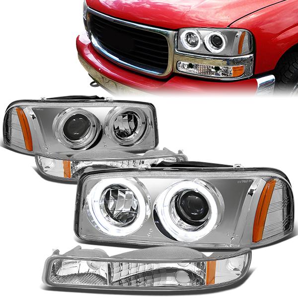 LED DRL Halo Projector Headlights<br>01-07 GMC Sierra 1500 2500 3500 / HD