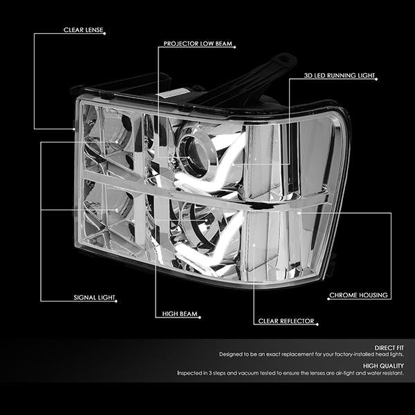 LED DRL Projector Headlights<br>07-14 GMC Sierra 1500 2500 3500