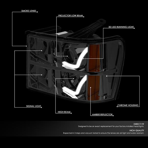 LED DRL Projector Headlights<br>07-14 GMC Sierra 1500 2500 3500