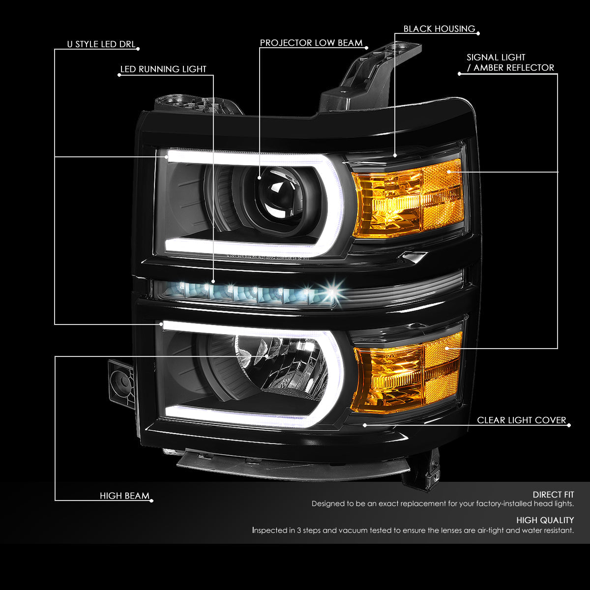 LED DRL Projector Headlights<br>14-15 Chevy Silverado 1500