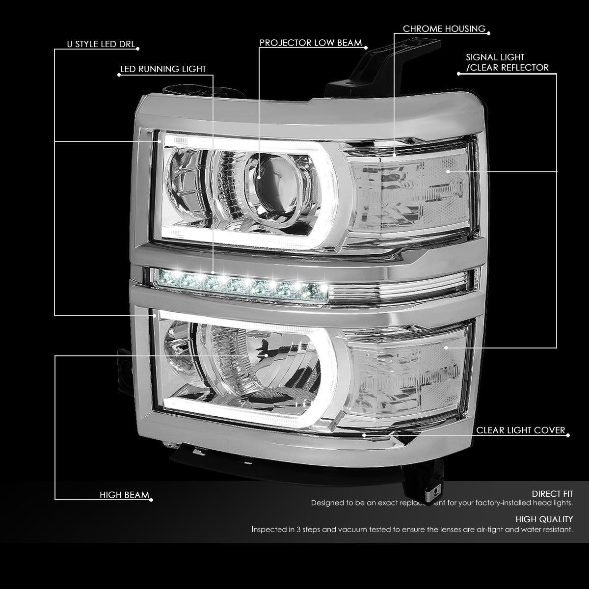 LED DRL Projector Headlights<br>14-15 Chevy Silverado 1500